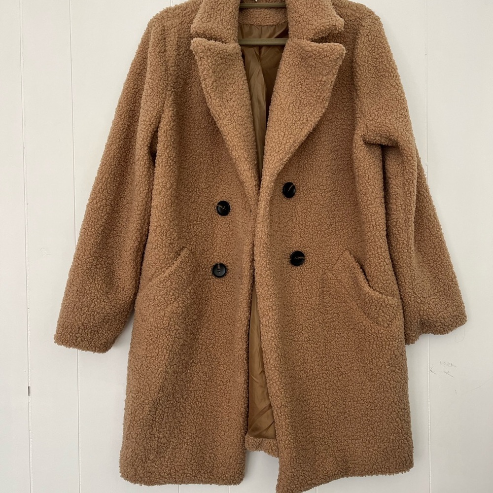Flamingo Teddy Coat Carmel Women's Double-Breasted Coat Size - Picture 3 of 11